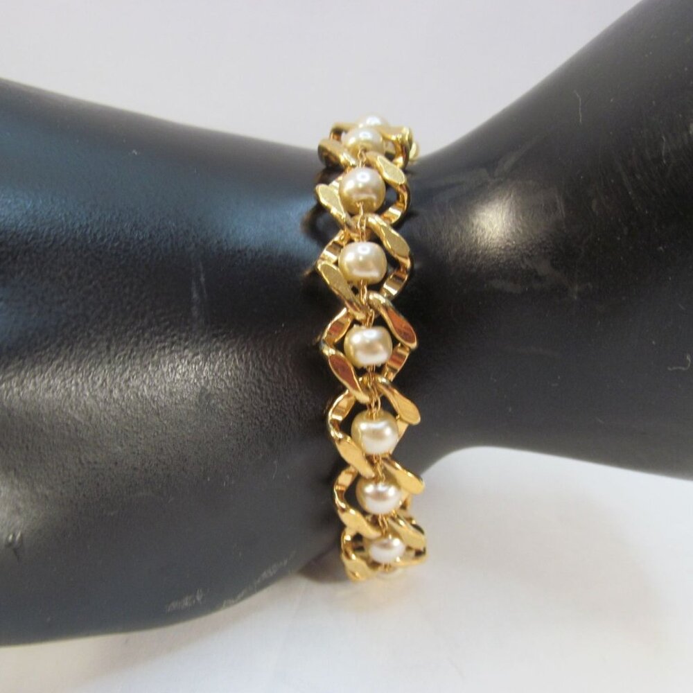 Vintage Napier Goldtone Faux Pearl Link Bracelet